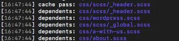 Terminal code showing just header.scss file passed by the cache and a list of dependent files derived